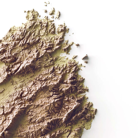 Sardinia (Italy), Elevation tint - Geo, 2D printed shaded relief map with 3D effect of Sardinia (Italy) with geo hypsometric tint. Shop our beautiful fine art printed maps on supreme Cotton paper. Vintage maps digitally restored and enhanced with a 3D effect. VizCart from Vizart