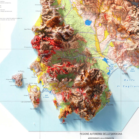 Sardinia (Italy), Soil map - 1960, 2D printed shaded relief map with 3D effect of a 1960 soil map of Sardinia (Italy). Shop our beautiful fine art printed maps on supreme Cotton paper. Vintage maps digitally restored and enhanced with a 3D effect. VizCart from Vizart