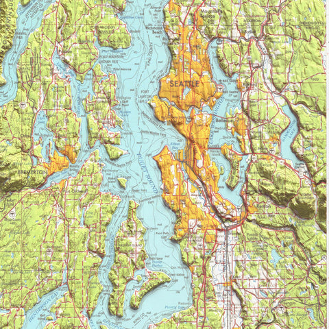 Seattle (Washington, USA), Topographic map - 1958, 2D printed shaded relief map with 3D effect of a 1958 topographic map of Seattle (Washington, USA). Shop our beautiful fine art printed maps on supreme Cotton paper. Vintage maps digitally restored and enhanced with a 3D effect. VizCart from Vizart