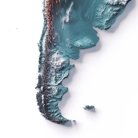 South America, Elevation tint - Irid, 2D printed shaded relief map with 3D effect of South America with irid tint. Shop our beautiful fine art printed maps on supreme Cotton paper. Vintage maps digitally restored and enhanced with a 3D effect. VizCart from Vizart