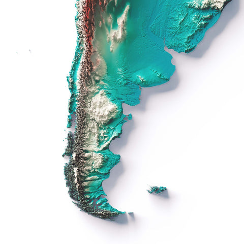 South America, Elevation tint - Spectral, 2D printed shaded relief map with 3D effect of South America with irid tint. Shop our beautiful fine art printed maps on supreme Cotton paper. Vintage maps digitally restored and enhanced with a 3D effect. VizCart from Vizart