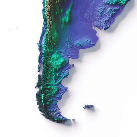 South America, Elevation tint - Viridis, 2D printed shaded relief map with 3D effect of South America with viridis tint. Shop our beautiful fine art printed maps on supreme Cotton paper. Vintage maps digitally restored and enhanced with a 3D effect. VizCart from Vizart
