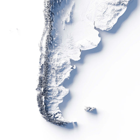 South America, Elevation tint - White, 2D printed shaded relief map with 3D effect of South America with monochrome white tint. Shop our beautiful fine art printed maps on supreme Cotton paper. Vintage maps digitally restored and enhanced with a 3D effect. VizCart from Vizart