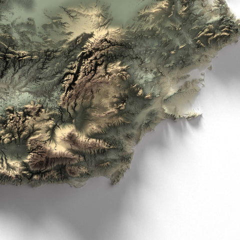 Spain, Elevation tint - Geo, 2D printed shaded relief map with 3D effect of Spain with geo hypsometric tint. Shop our beautiful fine art printed maps on supreme Cotton paper. Vintage maps digitally restored and enhanced with a 3D effect. VizCart from Vizart