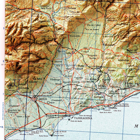 Tarragona (Spain), Topographic map - 1944, 2D printed shaded relief map with 3D effect of a 1944 topographic map of Burgos (Spain). Shop our beautiful fine art printed maps on supreme Cotton paper. Vintage maps digitally restored and enhanced with a 3D effect. VizCart from Vizart
