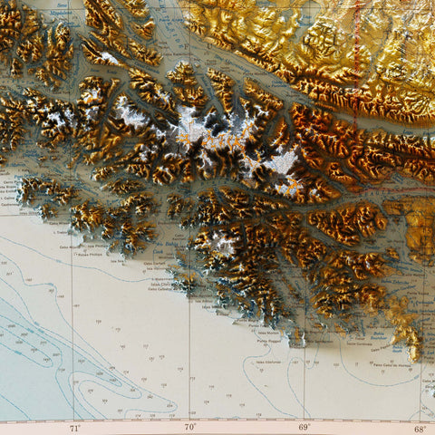 Tierra del Fuego (Chile and Argentina), Topographic map - 1964, 2D printed shaded relief map with 3D effect of a 1964 topographic map of Tierra del Fuego (Fireland, South America). Shop our beautiful fine art printed maps on supreme Cotton paper. Vintage maps digitally restored and enhanced with a 3D effect. VizCart from Vizart