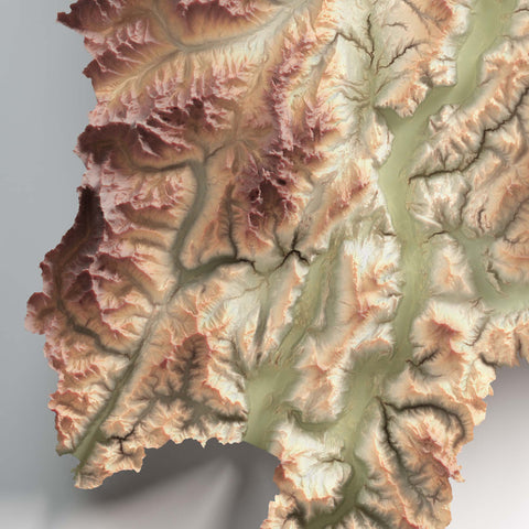 Trentino Alto Adige (Italy), Elevation tint - Geo, 2D printed shaded relief map with 3D effect of Trentino-Alto Adige (Italy) with geo hypsometric tint. Shop our beautiful fine art printed maps on supreme Cotton paper. Vintage maps digitally restored and enhanced with a 3D effect. VizCart from Vizart