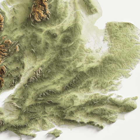 United Kingdom, Elevation tint - Geo, 2D printed shaded relief map with 3D effect of United Kingdom with geo hypsometric tint. Shop our beautiful fine art printed maps on supreme Cotton paper. Vintage maps digitally restored and enhanced with a 3D effect. VizCart from Vizart