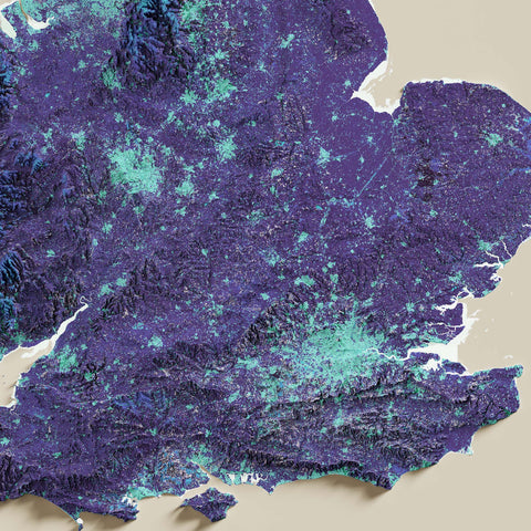 United Kingdom, Elevation tint - Viridis, 2D printed shaded relief map with 3D effect of United Kingdom with viridis hypsometric tint. Shop our beautiful fine art printed maps on supreme Cotton paper. Vintage maps digitally restored and enhanced with a 3D effect. VizCart from Vizart