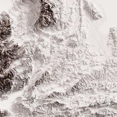 United Kingdom, Elevation tint - White, 2D printed shaded relief map with 3D effect of United Kingdom with monochrome white tint. Shop our beautiful fine art printed maps on supreme Cotton paper. Vintage maps digitally restored and enhanced with a 3D effect. VizCart from Vizart