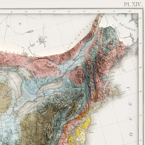 USA, Geological map - 1874, 2D printed shaded relief map with 3D effect of a 1874 geological map of United States of America. Shop our beautiful fine art printed maps on supreme Cotton paper. Vintage maps digitally restored and enhanced with a 3D effect. VizCart from Vizart