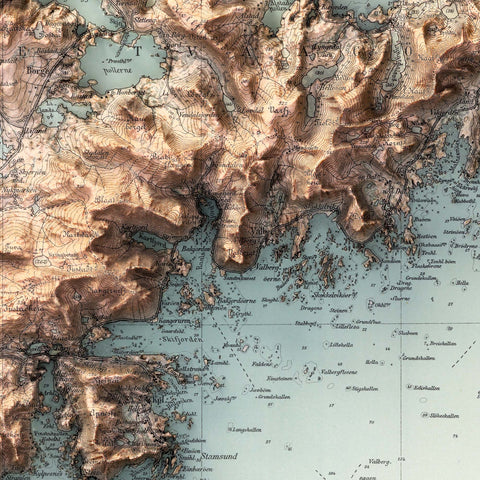 Vestvågøya (Lofoten Islands, Norway), Topographic map - 1907, 2D printed shaded relief map with 3D effect of a 1907 topographic map of Vestvagoya (Lofoten Islands, Norway). Shop our beautiful fine art printed maps on supreme Cotton paper. Vintage maps digitally restored and enhanced with a 3D effect. VizCart from Vizart