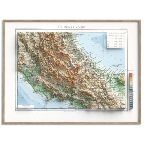 Abruzzo and Molise (Italy), Topographic map - 1928, 2D printed shaded relief map with 3D effect of a 1928 topographic map of Abruzzo and Molise (Italy). Shop our beautiful fine art printed maps on supreme Cotton paper. Vintage maps digitally restored and enhanced with a 3D effect. VizCart from Vizart