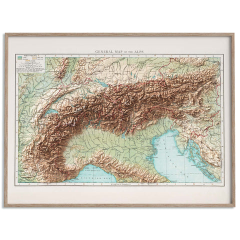 1900 Alps shaded relief map print with 3D effect fine art wall decor. VizCart from Vizart.