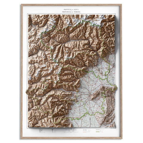 Aosta and Turin (Italy), Topographic map - 1930, 2D printed shaded relief map with 3D effect of a 1930 topographic map of Aosta and Turin (Italy). Shop our beautiful fine art printed maps on supreme Cotton paper. Vintage maps digitally restored and enhanced with a 3D effect. VizCart from Vizart