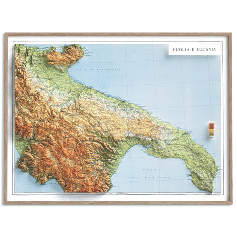 Apulia and Lucania (Italy), Topographic map - 1950, 2D printed shaded relief map with 3D effect of a 1950 topographic map of Apulia and Lucania (Italy). Shop our beautiful fine art printed maps on supreme Cotton paper. Vintage maps digitally restored and enhanced with a 3D effect. VizCart from Vizart