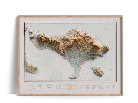 Bali (Indonesia), Topographic map - 1935, 2D printed shaded relief map with 3D effect of a 1935 topographic map of Bali (Indonesia). Shop our beautiful fine art printed maps on supreme Cotton paper. Vintage maps digitally restored and enhanced with a 3D effect., VizCart from Vizart