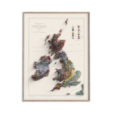 British-Irish Isles, Geological map - 1906, 2D printed shaded relief map with 3D effect of a 1906 geological map of Britain and Ireland (British-Irish Isles). Shop our beautiful fine art printed maps on supreme Cotton paper. Vintage maps digitally restored and enhanced with a 3D effect. VizCart from Vizart