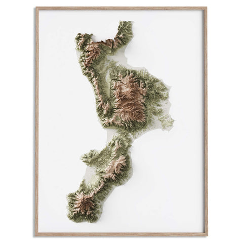 Calabria (Italy), Elevation tint - Geo, 2D printed shaded relief map with 3D effect of Calabria (Italy) with geo hypsometric tint. Shop our beautiful fine art printed maps on supreme Cotton paper. Vintage maps digitally restored and enhanced with a 3D effect. VizCart from Vizart