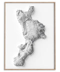 Calabria (Italy), Elevation tint - White, 2D printed shaded relief map with 3D effect of Calabria (Italy) with monochrome white tint. Shop our beautiful fine art printed maps on supreme Cotton paper. Vintage maps digitally restored and enhanced with a 3D effect. VizCart from Vizart