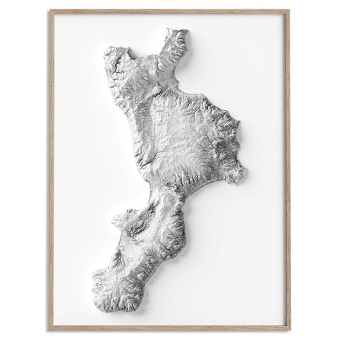 Calabria (Italy), Elevation tint - White, 2D printed shaded relief map with 3D effect of Calabria (Italy) with monochrome white tint. Shop our beautiful fine art printed maps on supreme Cotton paper. Vintage maps digitally restored and enhanced with a 3D effect. VizCart from Vizart