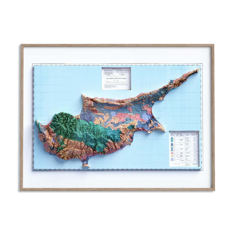 Cyprus, Soil map - 1987, 2D printed shaded relief map with 3D effect of a 1987 soil map of Cyprus. Shop our beautiful fine art printed maps on supreme Cotton paper. Vintage maps digitally restored and enhanced with a 3D effect. VizCart from Vizart