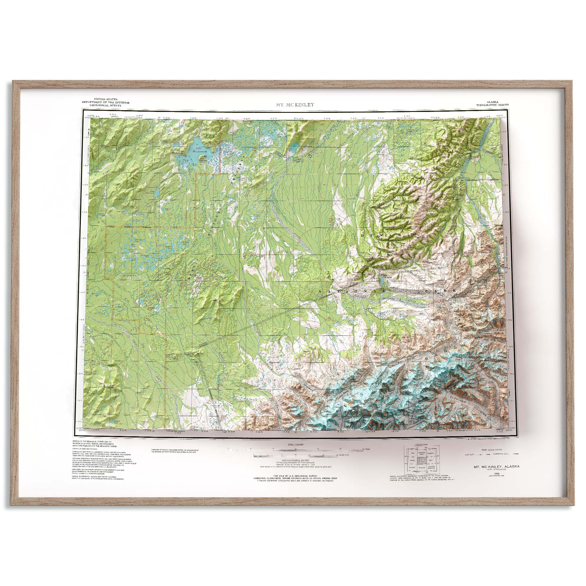 Denali (USA), mappa topografica effetto rilievo 1982 - Vintage poster ...