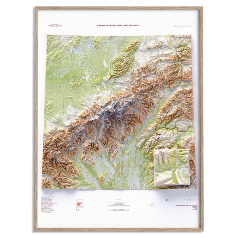 Denali National Park (Alaska, USA), Topographic map - 1986, 2D printed shaded relief map with 3D effect of a 1986 topographic map of Denali National Park (Alaska, USA). Shop our beautiful fine art printed maps on supreme Cotton paper. Vintage maps digitally restored and enhanced with a 3D effect. VizCart from Vizart