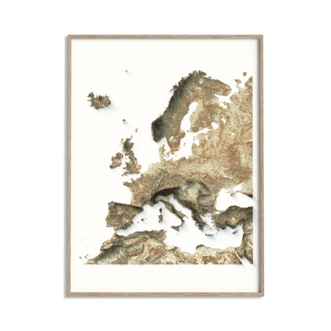 Europe, Elevation tint - Geo, 2D printed shaded relief map with 3D effect of Europe with geo hypsometric tint. Shop our beautiful fine art printed maps on supreme Cotton paper. Vintage maps digitally restored and enhanced with a 3D effect. VizCart from Vizart
