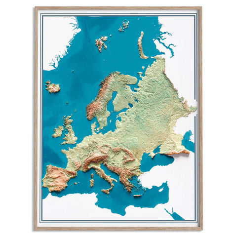 Europe, Elevation tint - satellite, 2D printed shaded relief map with 3D effect of Europe with satellite hypsometric tint. Shop our beautiful fine art printed maps on supreme Cotton paper. Vintage maps digitally restored and enhanced with a 3D effect. VizCart from Vizart