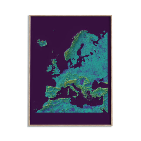 Europe, Elevation tint - Viridis, 2D printed shaded relief map with 3D effect of Europe with viridis hypsometric tint. Shop our beautiful fine art printed maps on supreme Cotton paper. Vintage maps digitally restored and enhanced with a 3D effect. VizCart from Vizart