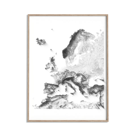 Europe, Elevation tint - White, 2D printed shaded relief map with 3D effect of Europe with monochrome hypsometric tint. Shop our beautiful fine art printed maps on supreme Cotton paper. Vintage maps digitally restored and enhanced with a 3D effect. VizCart from Vizart
