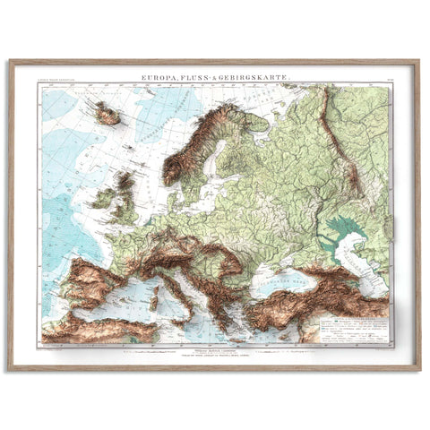 1899 Europe shaded relief topographic map print with 3D effect fine art wall decor. VizCart from Vizart.