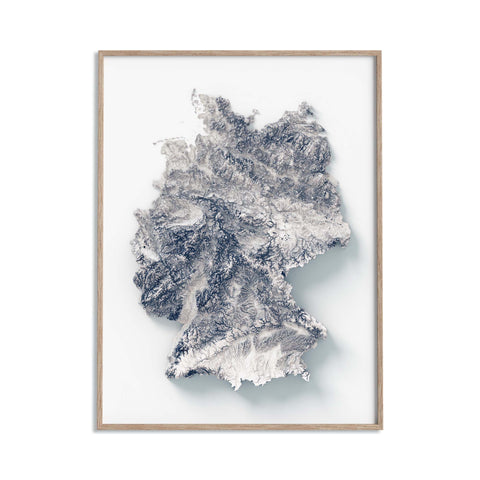 Germany, Elevation tint - White, 2D printed shaded relief map with 3D effect of Germany with monochrome white elevation tint. Shop our beautiful fine art printed maps on supreme Cotton paper. Vintage maps digitally restored and enhanced with a 3D effect., VizCart from Vizart