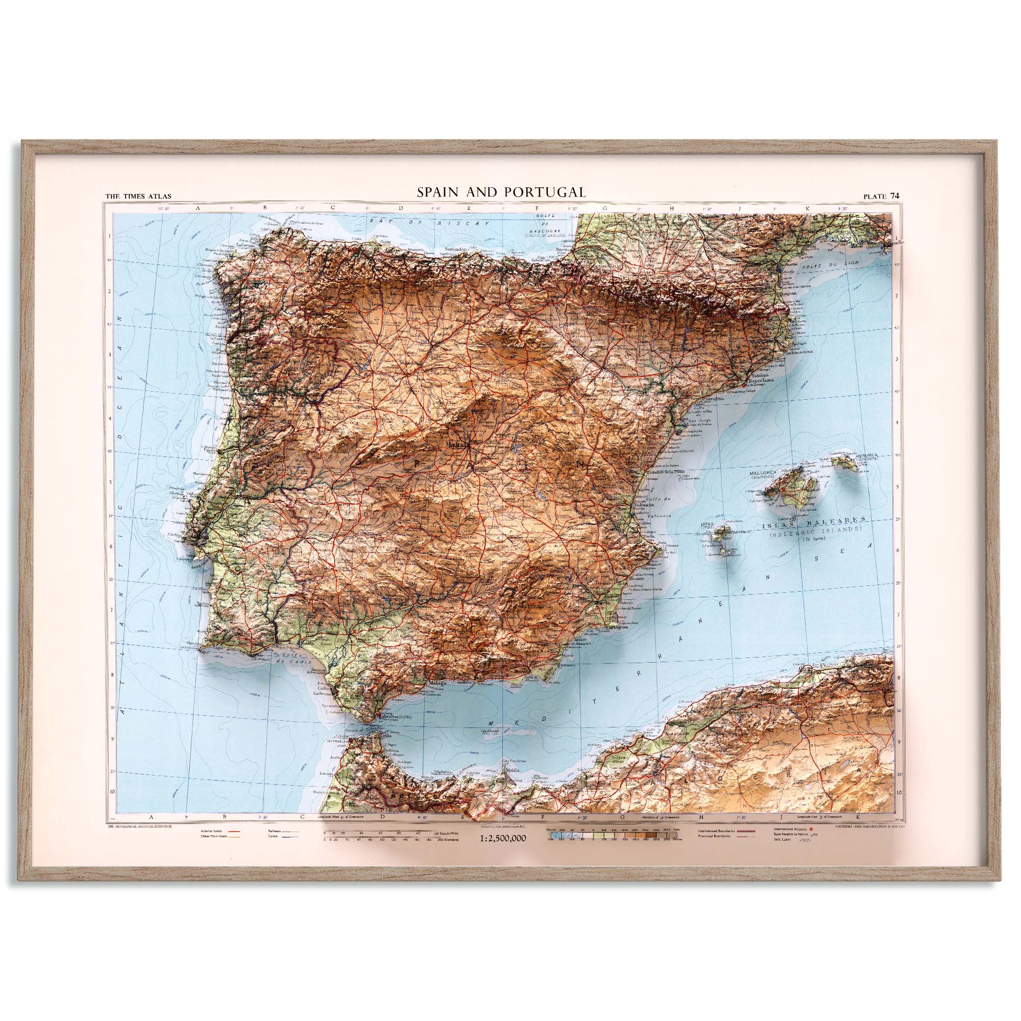 Iberian Peninsula, Topographic map - 1956, 2D fine art printed shaded ...