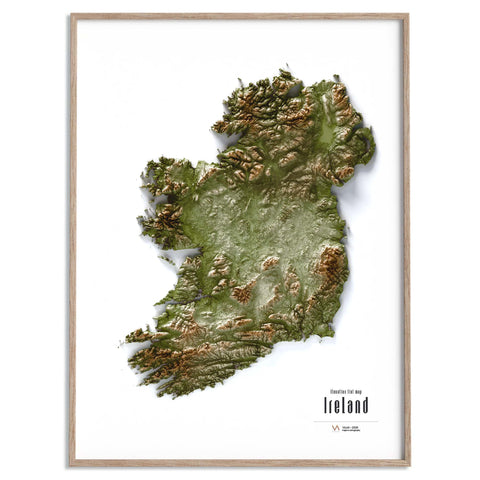 Ireland shaded relief elevation tint map (GEO) print with 3D effect fine art wall decor. VizCart from Vizart.
