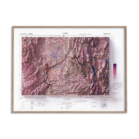 Lyon (France), Topographic map - 1943, 2D printed shaded relief map with 3D effect of a 1943 topographic map of Lyon (France). Shop our beautiful fine art printed maps on supreme Cotton paper. Vintage maps digitally restored and enhanced with a 3D effect., VizCart from Vizart