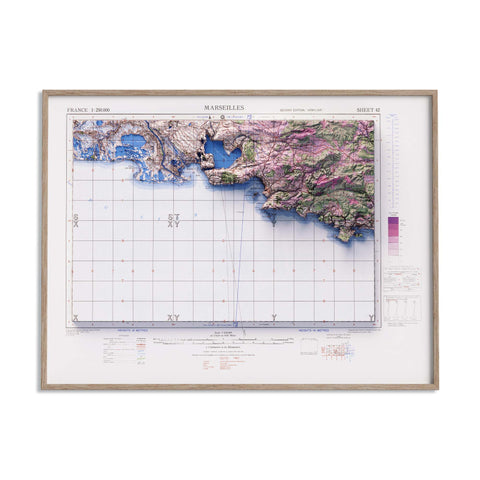Marseilles (France), Topographic map - 1943, 2D printed shaded relief map with 3D effect of a 1943 topographic map of Marseilles (France). Shop our beautiful fine art printed maps on supreme Cotton paper. Vintage maps digitally restored and enhanced with a 3D effect., VizCart from Vizart