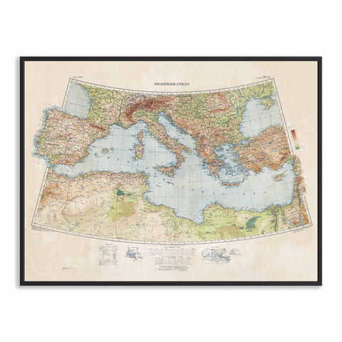 1937 Mediterranean Sea restored vintage topographic map reprinted on fine art paper. VizCart from VizArt.