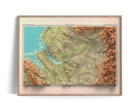 Merseyside (England, UK), Topographic map - 1941, 2D printed shaded relief map with 3D effect of a 1941 topographic map of Merseyside (UK). Shop our beautiful fine art printed maps on supreme Cotton paper. Vintage maps digitally restored and enhanced with a 3D effect., VizCart from Vizart