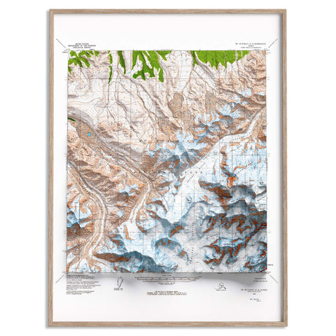 Mt Denali (Alaska, USA), Topographic map - 1964, 2D printed shaded relief map with 3D effect of a 1964 topographic map of Mt Denali (Alaska, USA). Shop our beautiful fine art printed maps on supreme Cotton paper. Vintage maps digitally restored and enhanced with a 3D effect. VizCart from Vizart