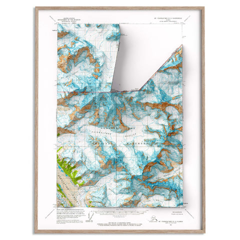 Mt Fairweather (Alaska, USA), Topographic map - 1966, 2D printed shaded relief map with 3D effect of a 1966 topographic map of Mt Fairweather (Alaska, USA). Shop our beautiful fine art printed maps on supreme Cotton paper. Vintage maps digitally restored and enhanced with a 3D effect. VizCart from Vizart