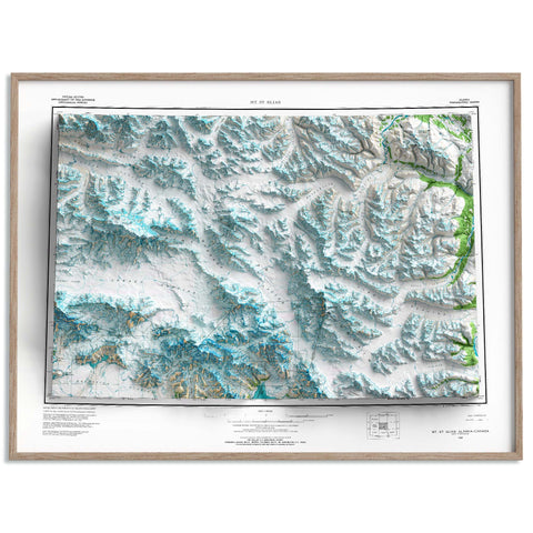 1966 Mount Saint Elias topographic shaded relief map print with 3D effect fine art wall decor. VizCart from Vizart