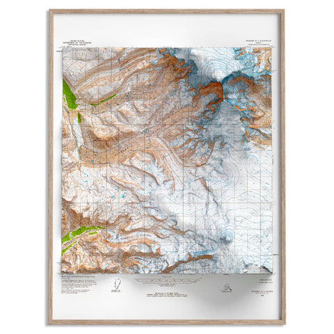 Mt Sanford (Alaska, USA), Topographic map - 1964, 2D printed shaded relief map with 3D effect of a 1964 topographic map of Mt Sanford (Alaska, USA). Shop our beautiful fine art printed maps on supreme Cotton paper. Vintage maps digitally restored and enhanced with a 3D effect. VizCart from Vizart