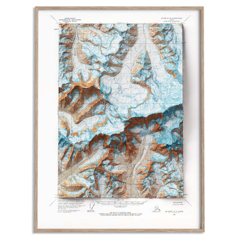 Mt University Peak (Alaska, USA), Topographic map - 1966, 2D printed shaded relief map with 3D effect of a 1966 topographic map of Mt University Peak (Alaska, USA). Shop our beautiful fine art printed maps on supreme Cotton paper. Vintage maps digitally restored and enhanced with a 3D effect. VizCart from Vizart