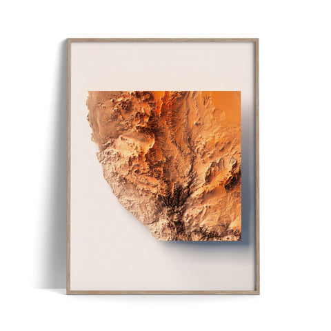 Namib Desert (Namibia), Elevation tint - Red, 2D printed shaded relief map with 3D effect of Namib desert (Namibia) with red hypsometric tint. Shop our beautiful fine art printed maps on supreme Cotton paper. Vintage maps digitally restored and enhanced with a 3D effect., VizCart from Vizart