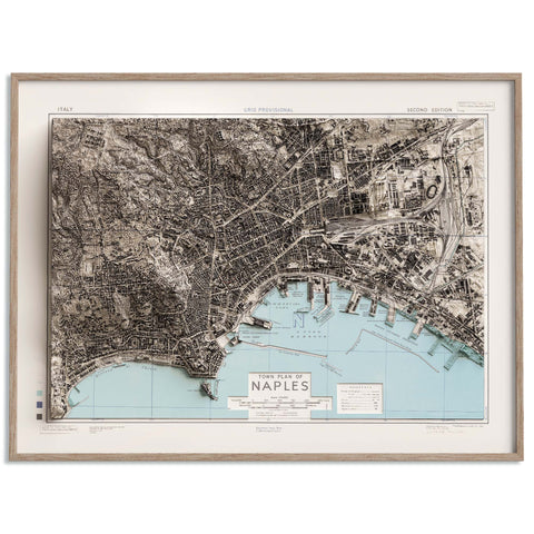 Naples (Italy), City map - 1943, 2D printed shaded relief map with 3D effect of a 1943 city map of Naples. Shop our beautiful fine art printed maps on supreme Cotton paper. Vintage maps digitally restored and enhanced with a 3D effect. VizCart from Vizart