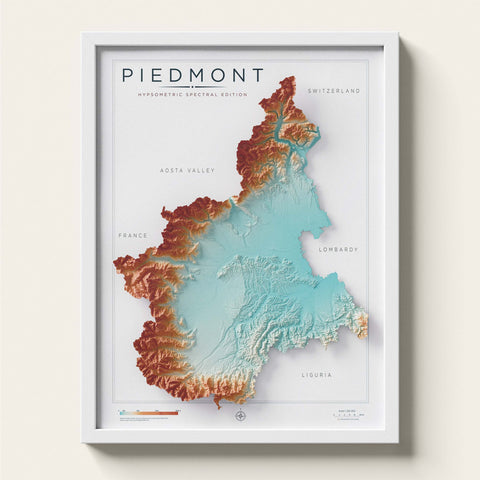 Piedmont (Italy) spectral shaded relief elevation map printed on fine art paper framed