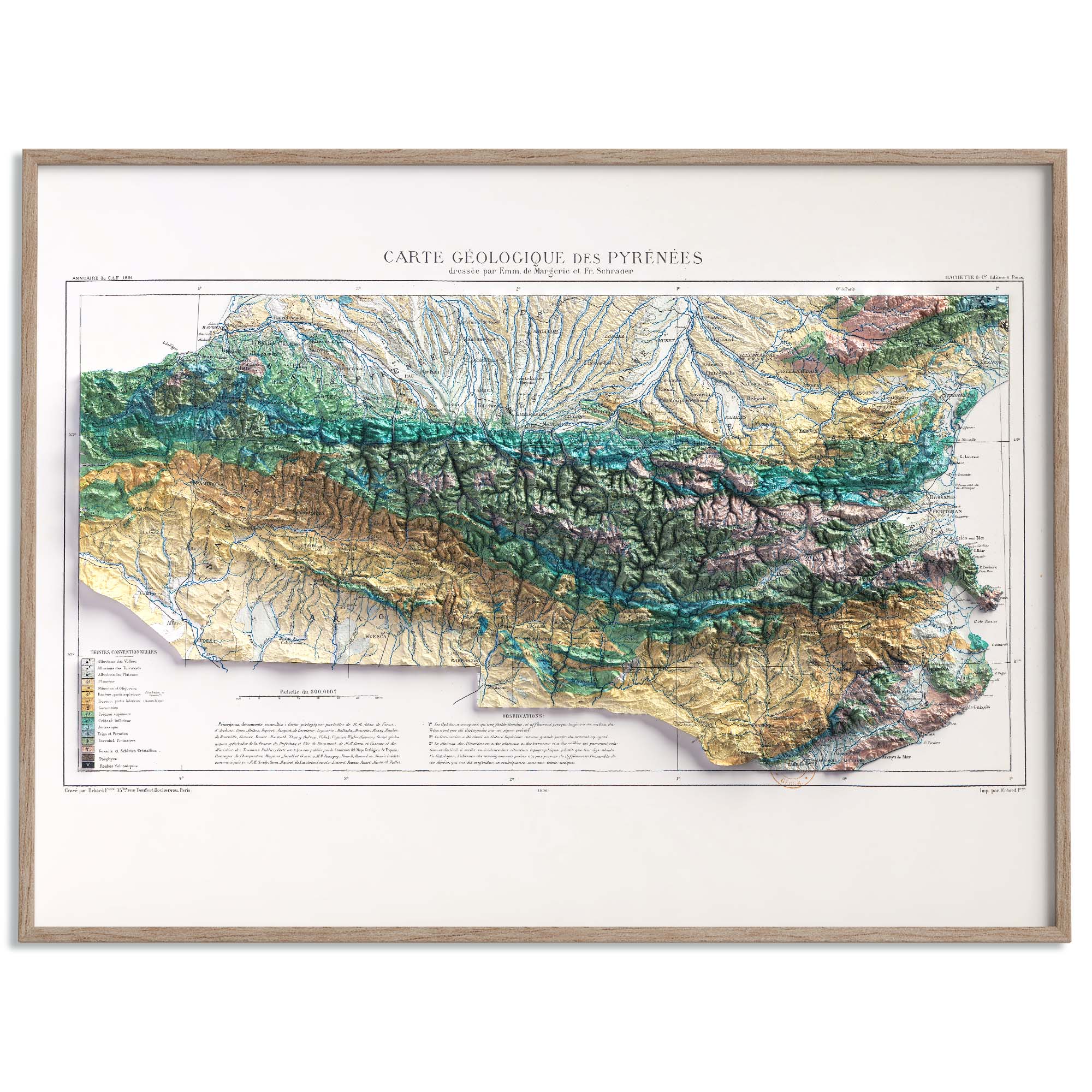 Pyrenees (France, Spain), Geological map - 1891, 2D fine art printed ...