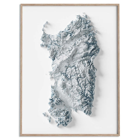Sardinia (Italy), Elevation tint - White, 2D printed shaded relief map with 3D effect of Sardinia (Italy) with white hypsometric tint. Shop our beautiful fine art printed maps on supreme Cotton paper. Vintage maps digitally restored and enhanced with a 3D effect. VizCart from Vizart